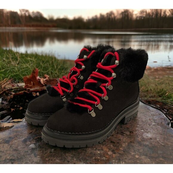 Sugar Womens Rolls Fuzzy Lug Sole Hiker Boots Size 7M Red Laces - Picture 4 of 16